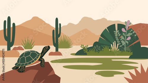 Turtle in a desert oasis with cacti and a lush garden, creating a unique contrast.