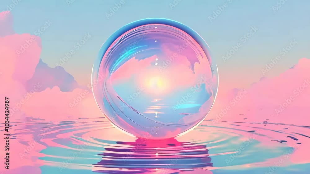Iridescent sphere over water ripples at sunset. Abstract background animation. Meditation and zen concept. Dreamy and surreal scene