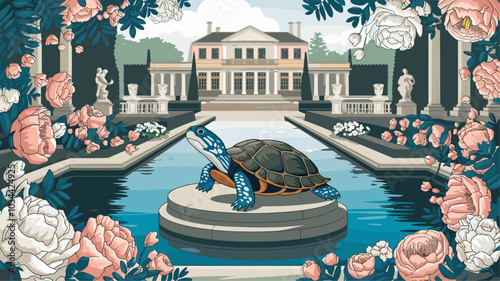 Turtle in a luxurious garden, filled with opulent flowers and elegant details.