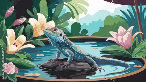 Lizard in a luxurious spa with exotic flowers and serene water, relaxation and beauty.