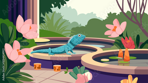 Lizard in a luxurious spa with exotic flowers and serene water, relaxation and beauty.