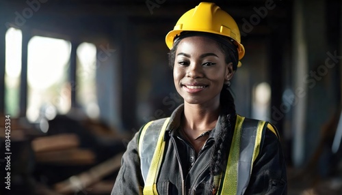 Smiling and cheerful young woman or worker in construction industry with dirty face standing 