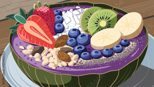 A vibrant and healthy breakfast option, showcasing the colorful and nutritious ingredients of a smoothie bowl.