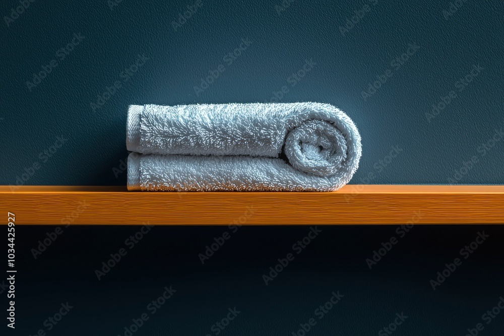 Fototapeta premium Rolled white towel on a wooden shelf against a blue background.
