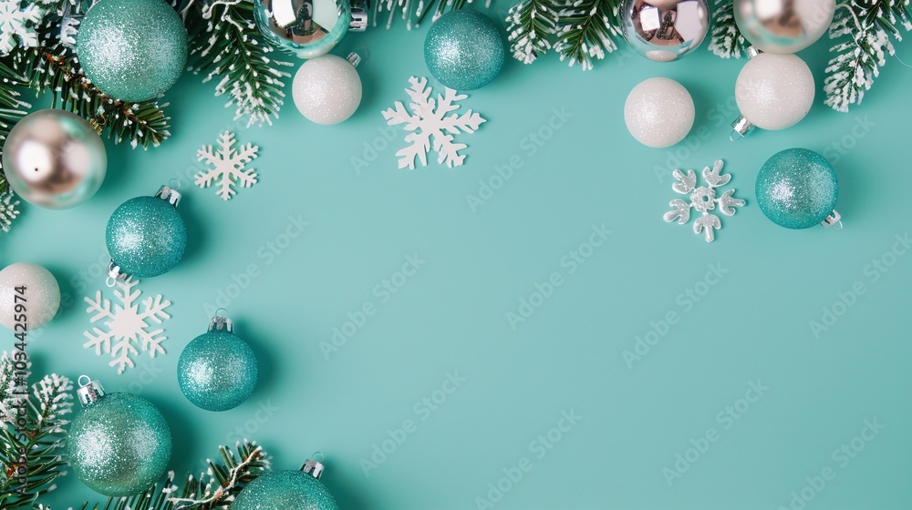 Christmas Flat Lay with Teal Ornaments, Pine Branches, Snowflakes on Blue Background, Minimal Festive Design with Copy Space for Holiday Greeting Cards Christmas Flat Lay with Teal Ornaments, Pine Branches, Snowflakes on Blue Background, Minimal Festive Design with Copy Space for Holiday Greeting Cards
