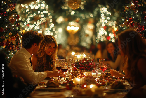 Festive dinner gathering during Christmas at a beautifully decorated restaurant with sparkling lights and joyful conversations
