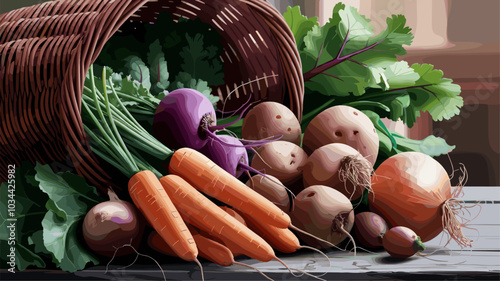 Close-up of wicker basket overflowing with fresh organic vegetables.