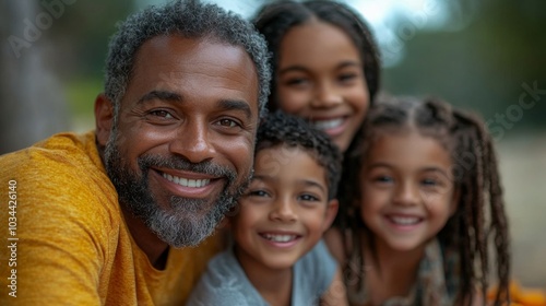 A father sits closely with his three children, all smiling happily. The warm sunlight illuminates their faces, highlighting genuine moments of joy in a serene outdoor setting.