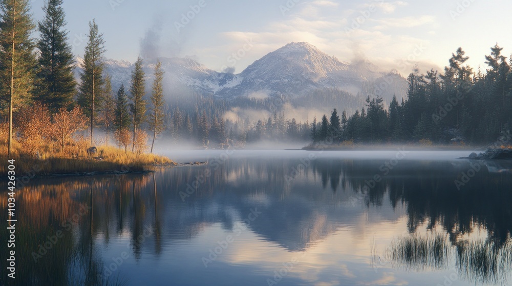 Fototapeta premium Misty Morning Landscape with Mountain Reflection in a Still Lake