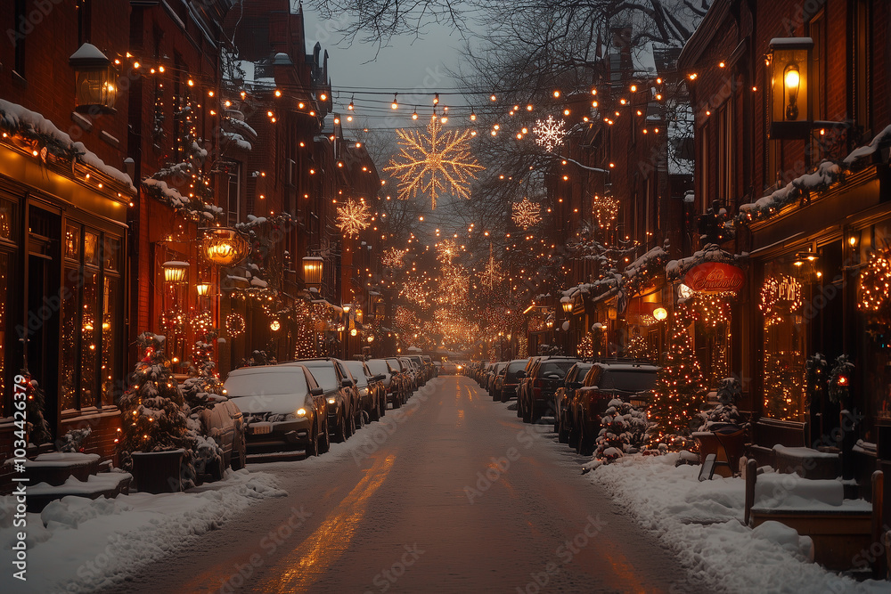 Cozy winter street adorned with twinkling lights and snow in a charming neighborhood during the festive season Cozy winter street adorned with twinkling lights and snow in a charming neighborhood during the festive season