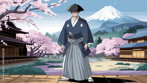 A samurai in an ancient Japanese village, cherry blossoms in bloom, majestic mountain in the background.