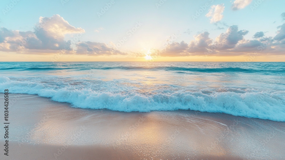 Ocean waves breaking on a sandy beach at sunset Ocean waves breaking on a sandy beach at sunset
