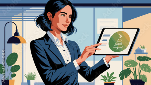 Businesswoman selecting a renewable energy icon on a tablet.