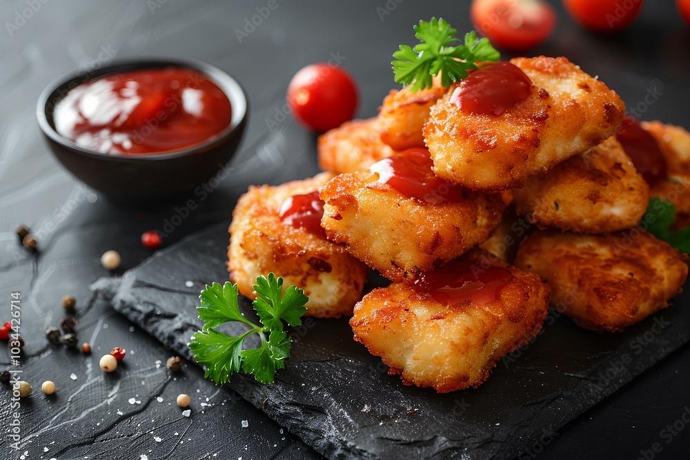 A pile of tater tots sitting next to a bowl of ketchup A pile of tater tots sitting next to a bowl of ketchup