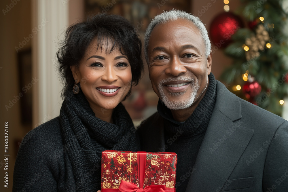 Cheerful couple celebrating the holidays with a gift against a festive backdrop in a warmly decorated living room
