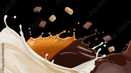 Intense caramel and chocolate splash with milk, featuring flying toffee and nougat pieces against a black background with a creamy swirl.