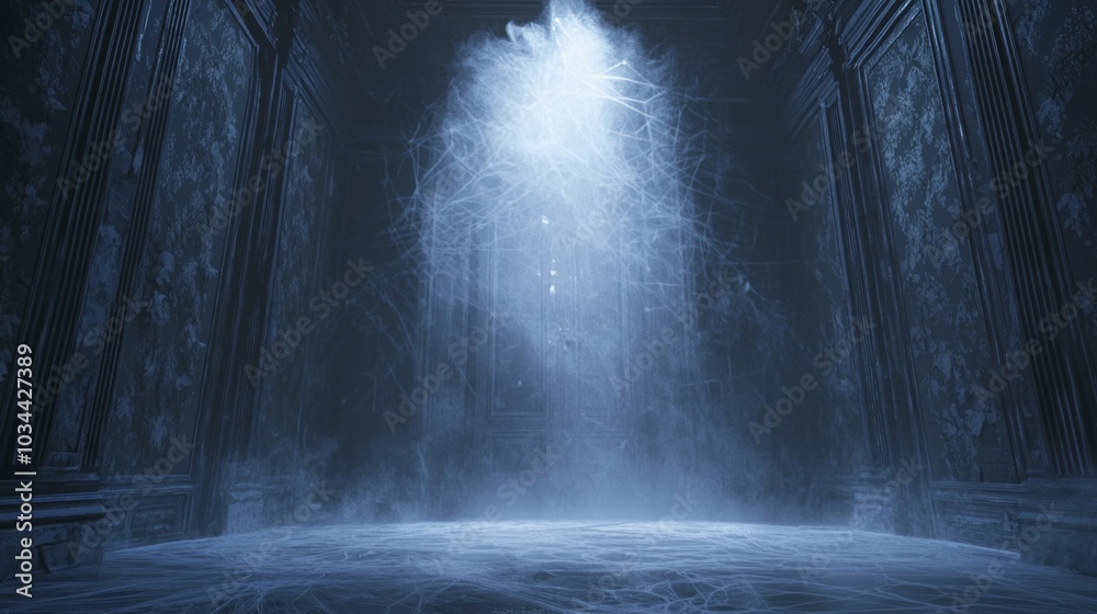 Eerie Gothic Halloween Background: Abandoned Mansion with Peeling Wallpaper and Cobwebs - Ultra-Detailed 3D Render Illustration of Forgotten Stories Eerie Gothic Halloween Background: Abandoned Mansion with Peeling Wallpaper and Cobwebs - Ultra-Detailed 3D Render Illustration of Forgotten Stories