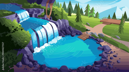 A bird's-eye view of a waterfall cascading into a turquoise pool.