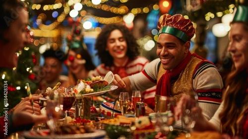 Joyful holiday gathering with friends enjoying a festive dinner under sparkling lights photo