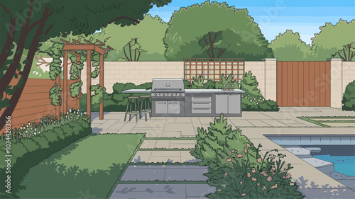 Backyard renovation with a garden, swimming pool, and outdoor kitchen.