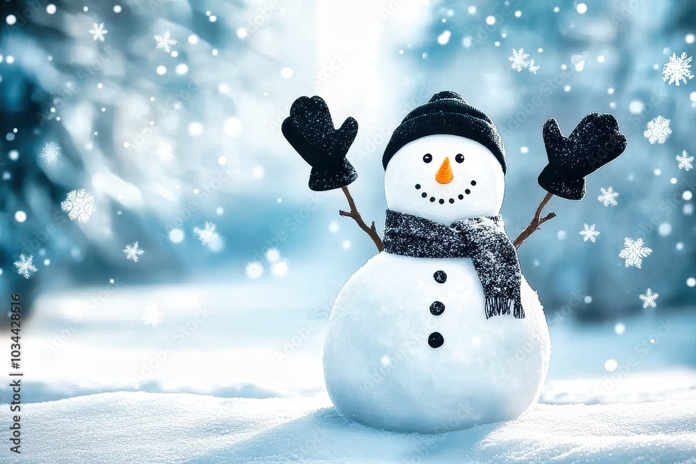 Happy snowman standing in snowy winter wonderland Happy snowman standing in snowy winter wonderland