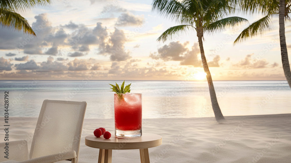 Fototapeta premium An idyllic sunset beach scene showcasing silhouetted palm trees, soft golden sands, and a picturesque ocean view reflecting the warm hues of sunset. In the foreground, a refreshing cocktail rests on a