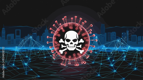 Digital virus attacking interconnected network in a dark cityscape.