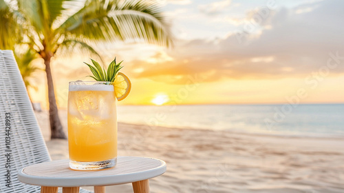 An idyllic sunset beach scene showcasing silhouetted palm trees, soft golden sands, and a picturesque ocean view reflecting the warm hues of sunset. In the foreground, a refreshing cocktail rests on a