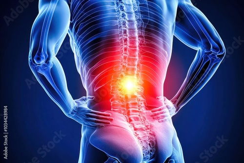 Woman holding her back in pain with visible spine