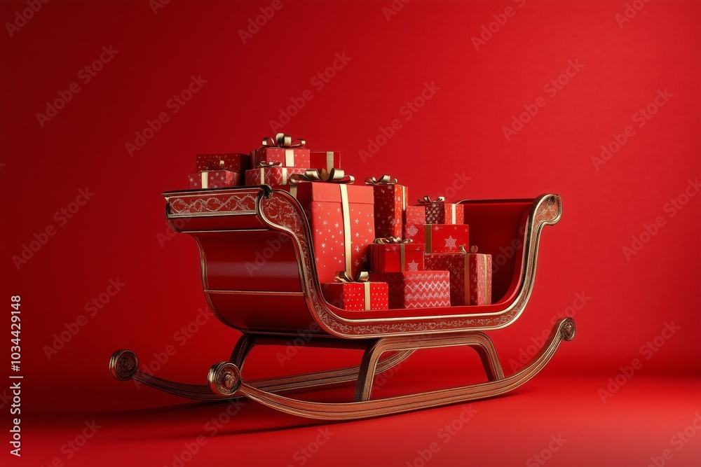 Christmas gift boxes on a wooden sleigh on red background