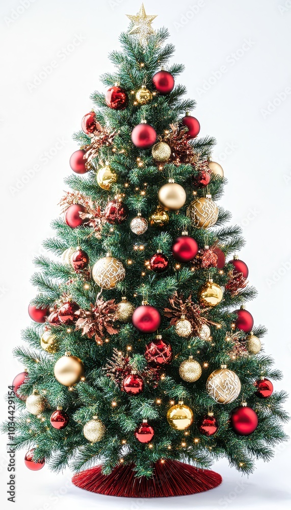 Beautiful christmas tree decorated with red and gold ornaments standing on white Beautiful christmas tree decorated with red and gold ornaments standing on white