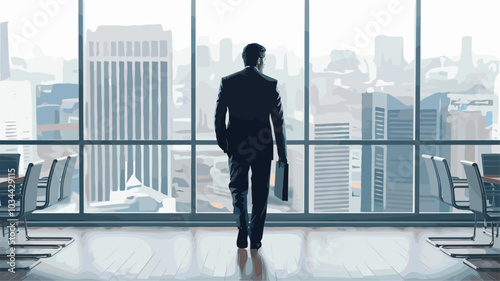 Cinematic shot of a businessman walking away from a window, the cityscape a blur.