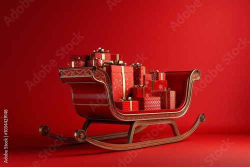 Obraz na płótnie Christmas gift boxes on a wooden sleigh on red background w salonie