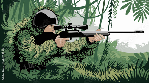 Sniper in ghillie suit hidden in jungle, aiming rifle.