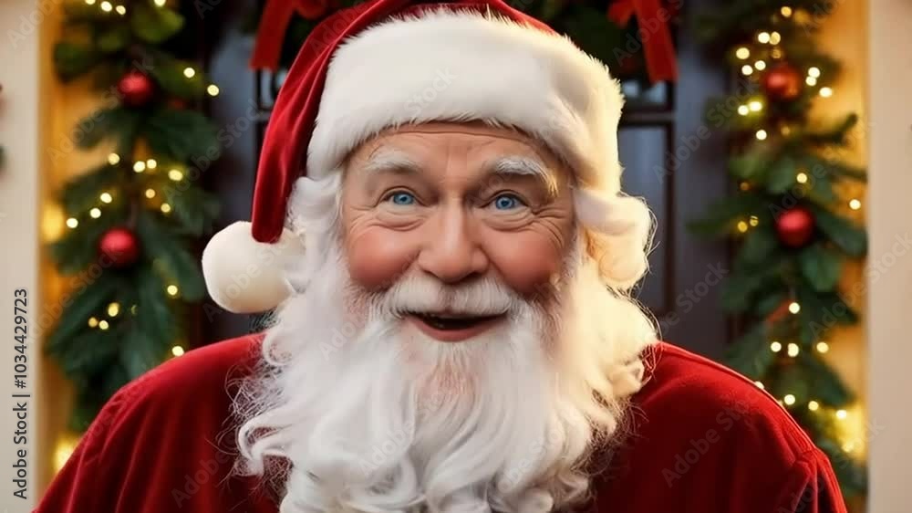 Happy Senior Santa Claus Looking at Camera and Posing at Festive Decorated Home Happy Senior Santa Claus Looking at Camera and Posing at Festive Decorated Home