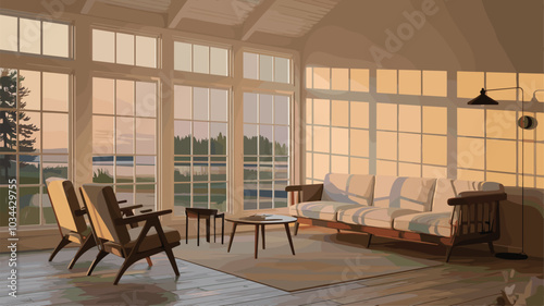 Scandinavian living room with wooden sofa bathed in warm sunset glow.