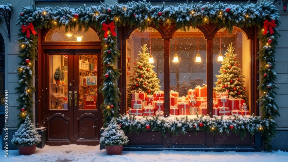 Obraz premium Cozy holiday shop window adorned with snowy decorations and festive gifts in a charming winter setting