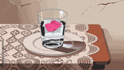 Vintage still life with glass of water and rose petal on lace doily.