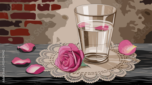 Vintage still life with glass of water and rose petal on lace doily.