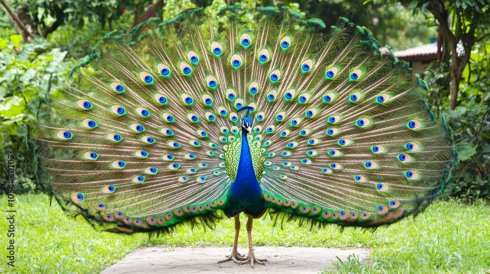 Obraz premium Beautiful peacock displaying its magnificent tail feathers