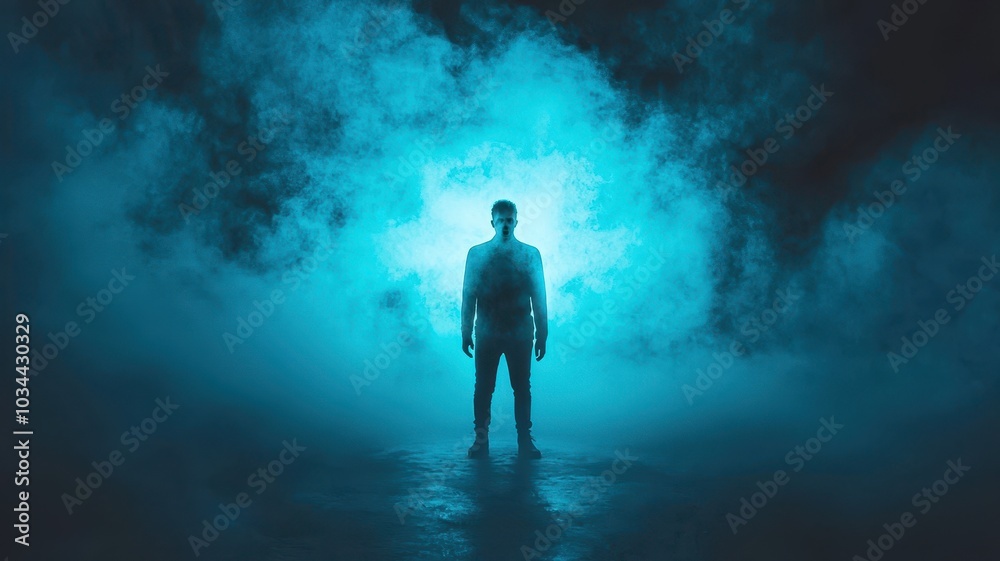 A silhouette of a figure stands against a glowing blue mist, creating a mysterious and ethereal atmosphere. A silhouette of a figure stands against a glowing blue mist, creating a mysterious and ethereal atmosphere.