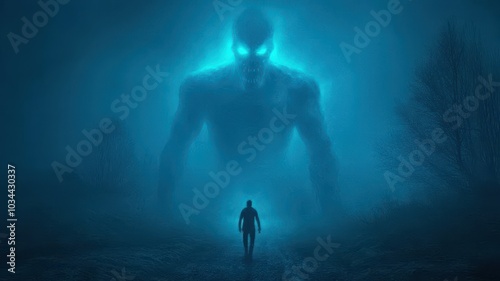 A solitary figure stands before a towering, ethereal giant amid a misty, blue landscape, evoking themes of fear and the unknown.