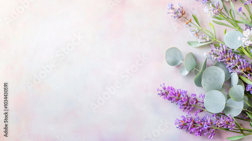 An exquisite close-up of blooming lavender and eucalyptus branches, captured with rich detail and vibrant colors against a soft, blurred background.