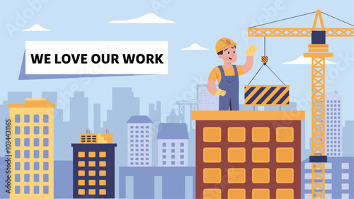 We love our work web banner. Builder on construction site, worker character in hardhat and overalls stand on platform lifting with crane up on building roof at city baclground. Cartoon vector landing