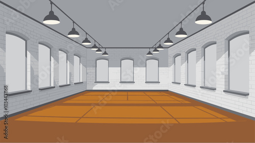 Empty room with white brick walls, wooden floor and ceiling lamps. Vector realistic 3d interior of studio, modern museum or gallery hall. Template showroom for exhibition in loft style