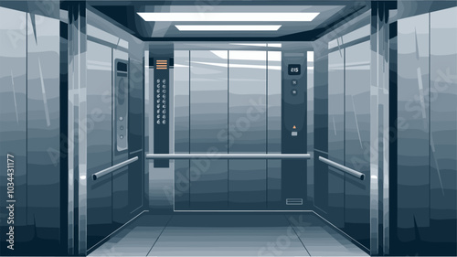 Empty elevator cabin with closed steel doors inside view. Vector realistic interior of passenger lift with buttons panel and digital display with number of floor in house or office building