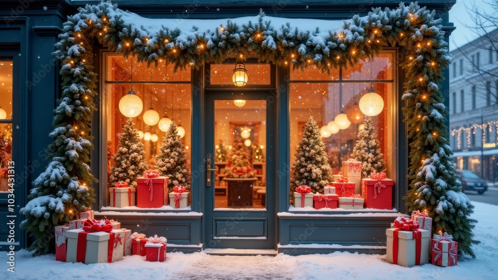 A winter wonderland storefront adorned with festive decorations and abundant holiday gifts under a gentle snowfall at twilight A winter wonderland storefront adorned with festive decorations and abundant holiday gifts under a gentle snowfall at twilight
