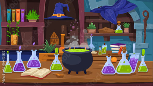Alchemist laboratory, witch or wizard room with magic potions, books and cauldron. Magician alchemical lab interior with wooden furniture, flasks and plants on shelves, vector cartoon illustration