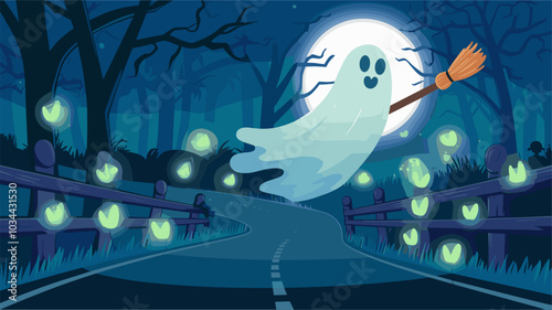 Night forest background with ghost and firefly cartoon vector halloween scene. Scary wood landscape with spooky character fly spirit on road and moonlight ray illustration. Glowing nature scenery