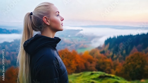 Blonde woman wearing a puffer jacket smiling in the icelandic countryside